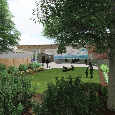 View looking at the amphitheater and open lawn space.