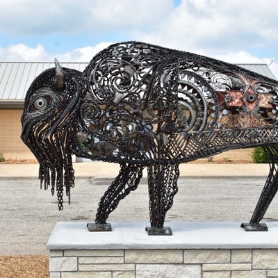 Bison Statue in Park, Memorial to Earl Root Family